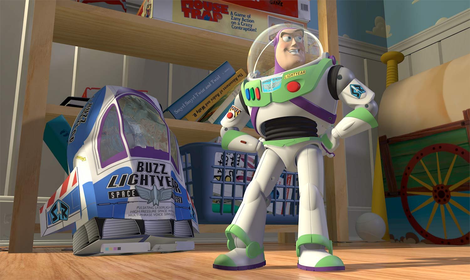 Buzz Lightyear in Toy Story. His space-ranger pose gives the infinity reference a face, while his wings carry the flight thread into another world.