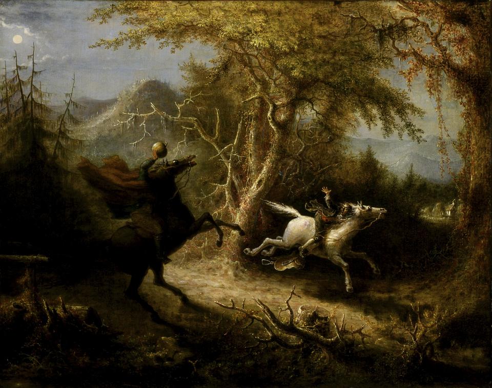 John Quidor’s Ichabod flees the Headless Horseman. A connection to the song’s later third verse, not the neighboring first-verse lines.